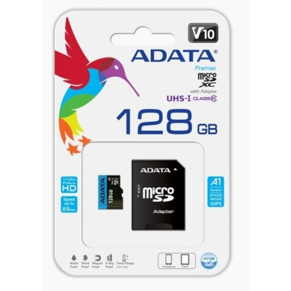 MEMORIA ADATA MICRO SDXC/SDHC 128GB UHS-I 100MB/25MB CLASE 10 V10 A1 C/ADAPTADOR AUSDX128GUICL10A1-RA1