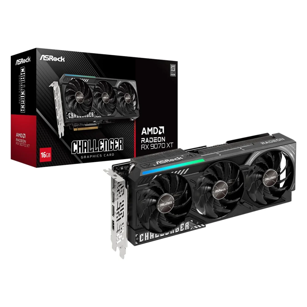TARJETA DE VIDEO ASROCK AMD RADEON RX 9070 XT CHALLENGER/16GB GDDR6/PCIE 5.0 X 16/128 BITS/BOOST CLOCK 2970 MHZ/TRIPLE FAN CON INDICADOR LED/1 HDMI 2.1/2 DISPLAYPORT 2.1/RESOLUCION MAX 8K