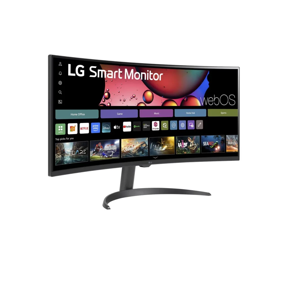 MONITOR LG SMART 34SR60QC-B CURVO WQHD WEBOS 34 PULG,PANEL VA,100HZ,3440X1440,21:9,SRGB 99%,1800R,300CD/M2,TR5MS,3000:1,HDR10,USB,HDMI,RJ-45,BLUETOOTH,ALTAVOZ 7WX2,AIRPLAY2,SCREEN SHARE,VESA