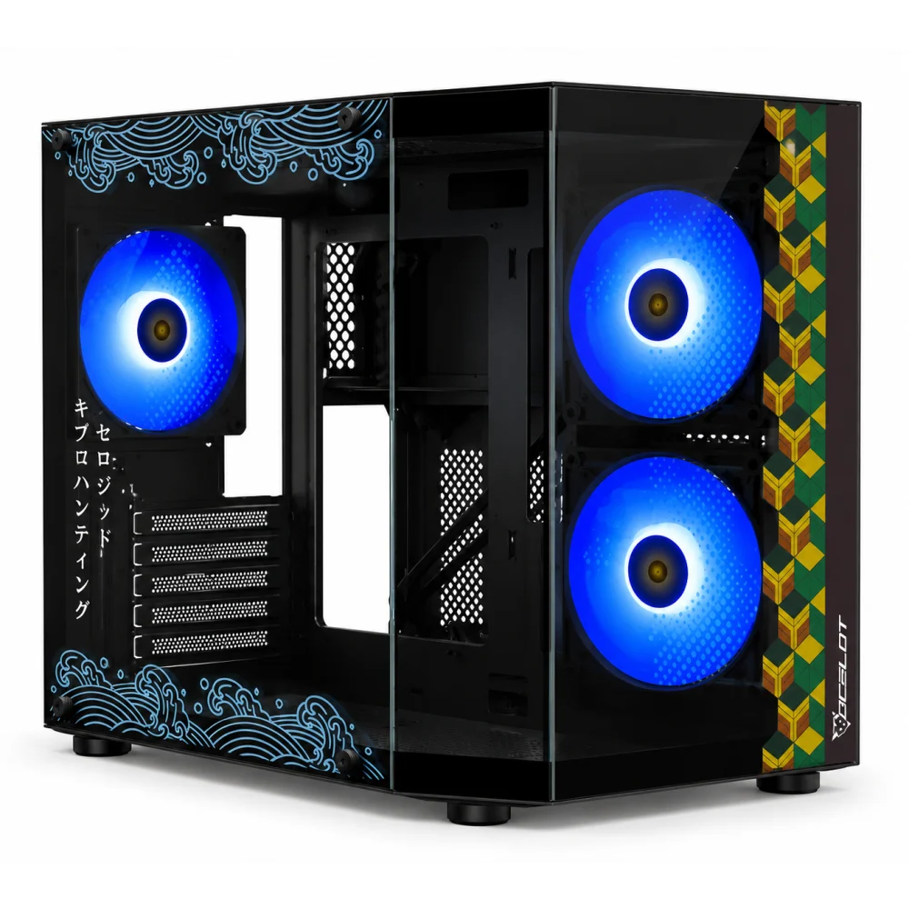GABINETE OCELOT GAMING BLACK MIZU /M-ATX, ITX / PANEL LATERAL Y FRONTAL DE CRISTAL TEMPLADO / INCLUYE 3 VENTILADORES / ENFRIAMIENTO LIQUIDO HASTA 240MM / GPU HASTA 320MM / COLOR NEGRO