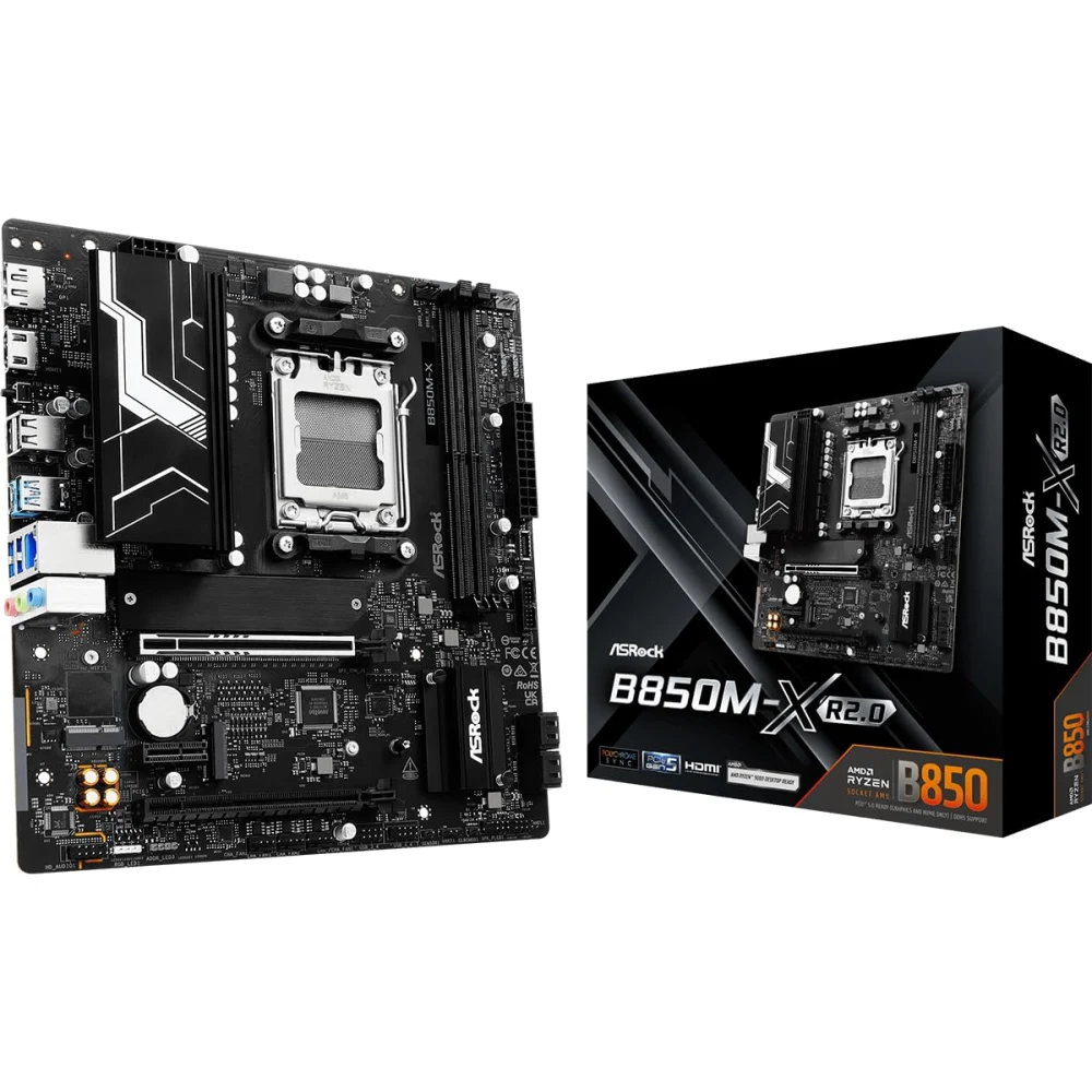 MB ASROCK B850M-X R2.0/AM5 RYZEN SERIES 9000, 8000 Y 7000/DDR5 8200 MHZ/ PCIE GEN5M.2/1 PCIE 4.0X16/1 PCIE 3.0X1/AMD RDNA/1 BLAZING M.2/1 HYPER M.2/8 USB 3.2/2 USB C TRASERO Y FRONTAL/5 USB 
